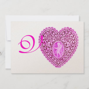 Faire-part MONOGRAMME DE COEUR DE LAINE CUPIDE, or fuchsia ro