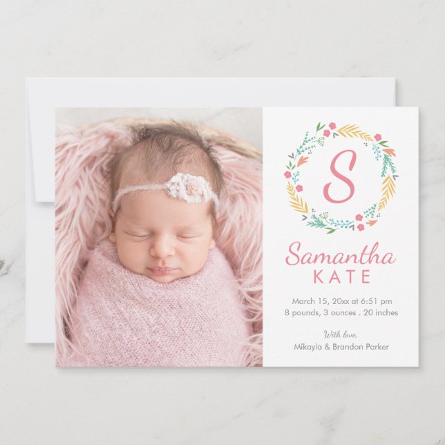 Faire-part Monogramme de couronne florale Naissance horizonta (Devant)