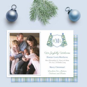Faire-part Monogramme Green Blue Holidays Photo Baby Boy Birt