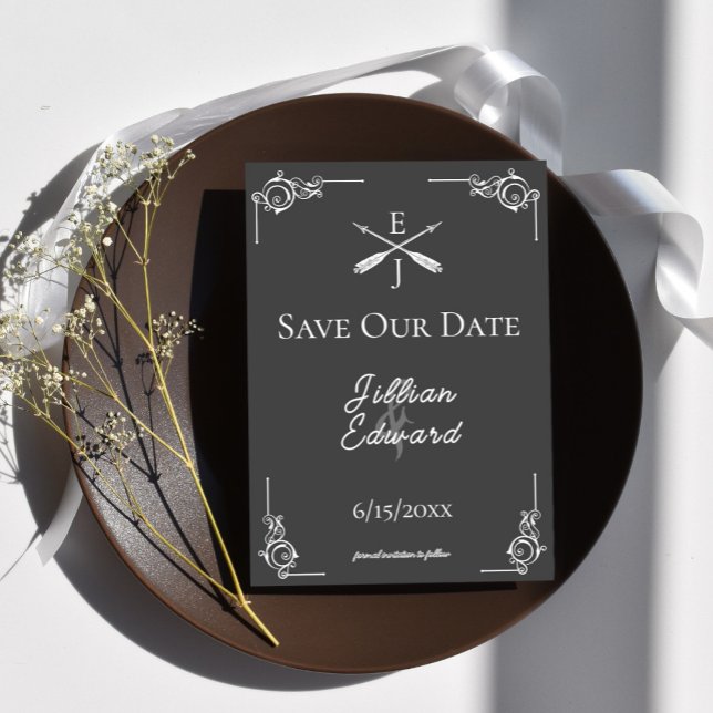 Faire-part Monogramme gris et flèches Enregistrer la date (Gray Monogram and Arrows Save the Date)