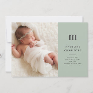 Faire-part Monogramme moderne Photo verte Naissance