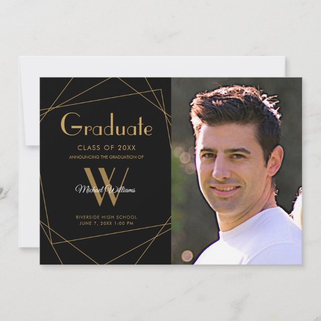 Faire-part Monogramme photo noir moderne Graduation géométriq (Devant)