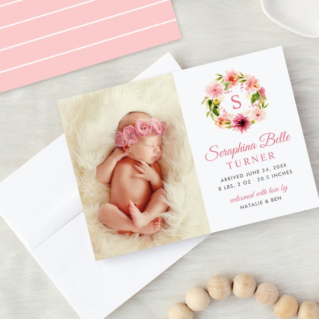 Faire-part Monogramme rose Floral Wreath Baby Girl Photo Nais (Créateur téléchargé)