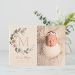 Faire-part Monogramme Rose Photo Naissance du bébé
