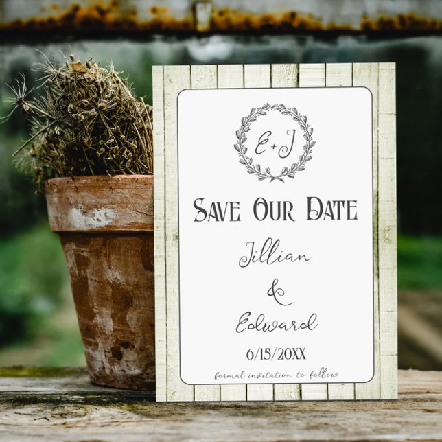 Faire-part Monogramme Rustique Vert Enregistrer La Date (Green Rustic Monogram Save the Date)