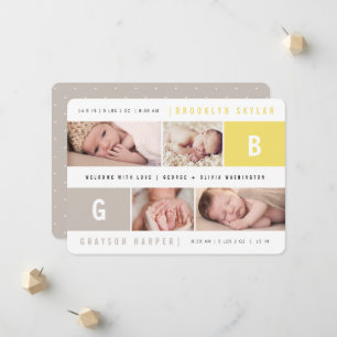 Faire-part Monogrammes bébé garçon fille jumeaux Jaune 4 phot