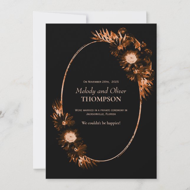 Faire-part Moody Black avec Burnt Orange Floral Post-Mariage (Devant)