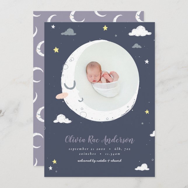 Faire-part Moon mignon script marine violet photo naissance (Devant / Derrière)