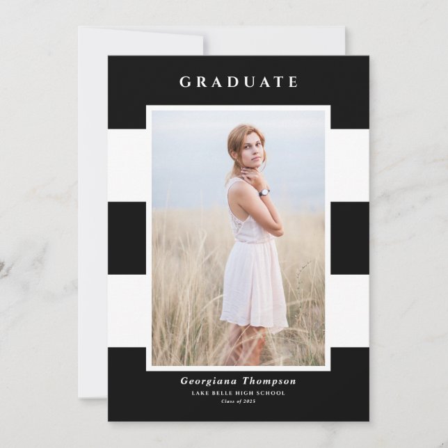 Faire-part Motif Photo Graduation Black and White Stripes (Devant)