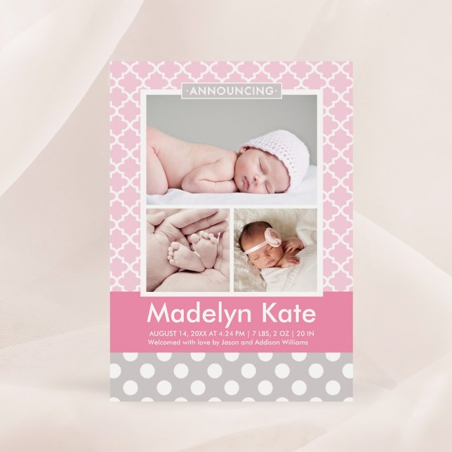 Faire-part Motif rose gris moderne bébé fille photo naissance (Créateur téléchargé)