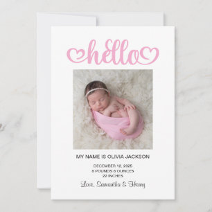 Faire-part Naissance avec écriture Hello coeurs roses