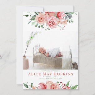Faire-part Naissance de Bébé Fille Rose Florale Photo Personn