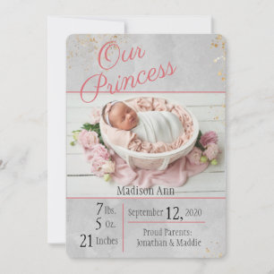 Faire-part Naissance de la petite fille princesse rose gris