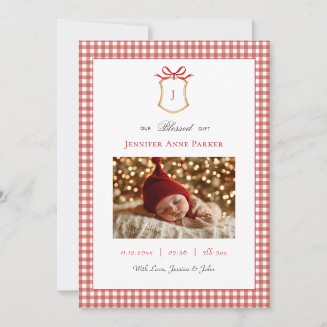 Faire-part Naissance de Noël monogramme En vichy mignonne (Devant)