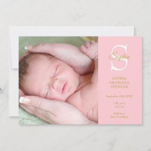 Faire-part Naissance Monogramme Rose Bébé 4 Photos Moderne