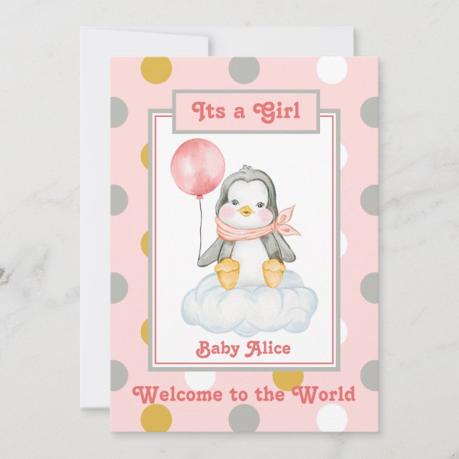 Faire-part Naissance rose Pingouin Baby Girl (Devant)