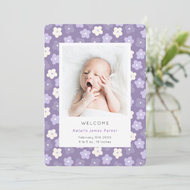 Faire-part Naissance simple d'aquarelle florale violette (Debout devant)