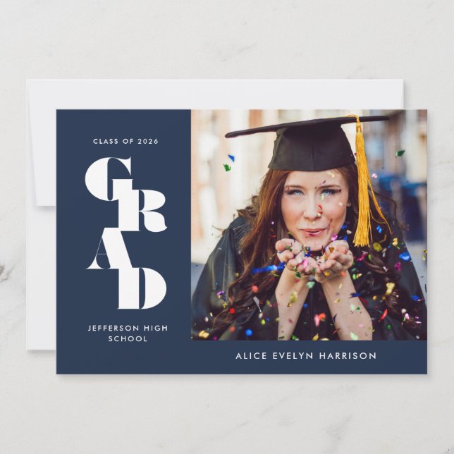 Faire-part Navy Blue Bold Serif simple photo Graduation (Devant)