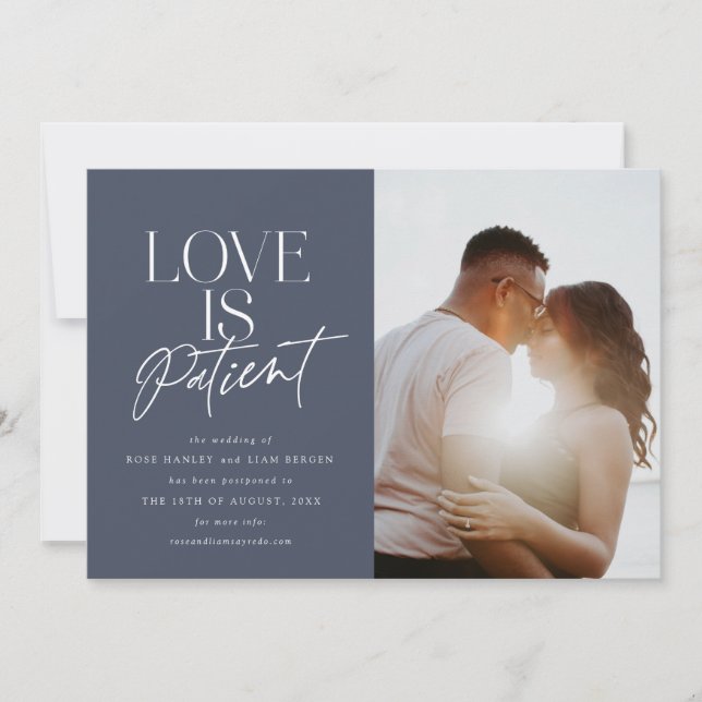 Faire-part Navy Script Love Mariage Photo Changement de Date (Devant)