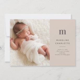 Faire-part Neutral Tan Monogramme Nouveau bébé Photo Naissanc