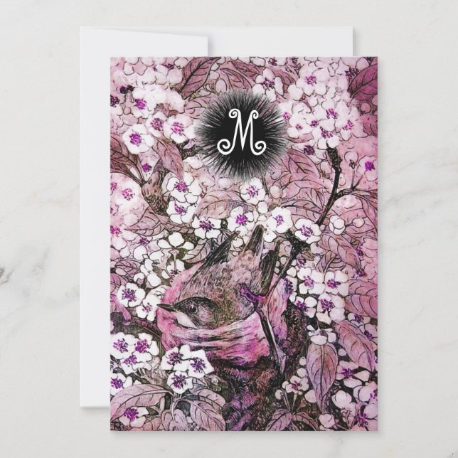 FAIRE-PART NID D'OISEAU, ARBRE FLEURS BLANCHES ET ROSES AU PR (Devant)