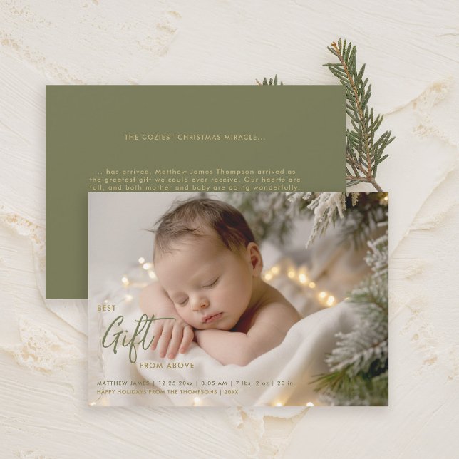 Faire-part Noël Meilleur cadeau Calligraphie Green Baby Photo (christmas family card baby announcement best gift calligraphy simple elegant modern gold green)