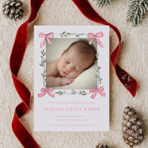 Faire-part Nœuds roses verdure baies de Noël bébé