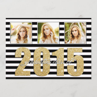 Faire-part Noir et blanc rayé, Parties scintillant Gold Gradu