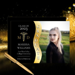 Faire-part Noir  Gold Graduate Wave Caduceus MD Médicale Grad