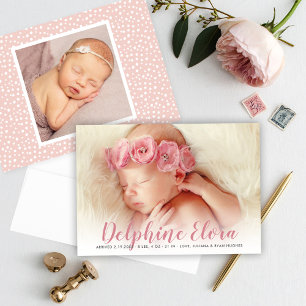 Faire-part Nom de l'énoncé Photo de bébé au script Rose Scrip