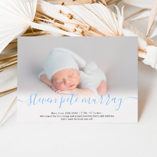 Faire-part Nom script coeur photo bleu garçon bébé naissance
