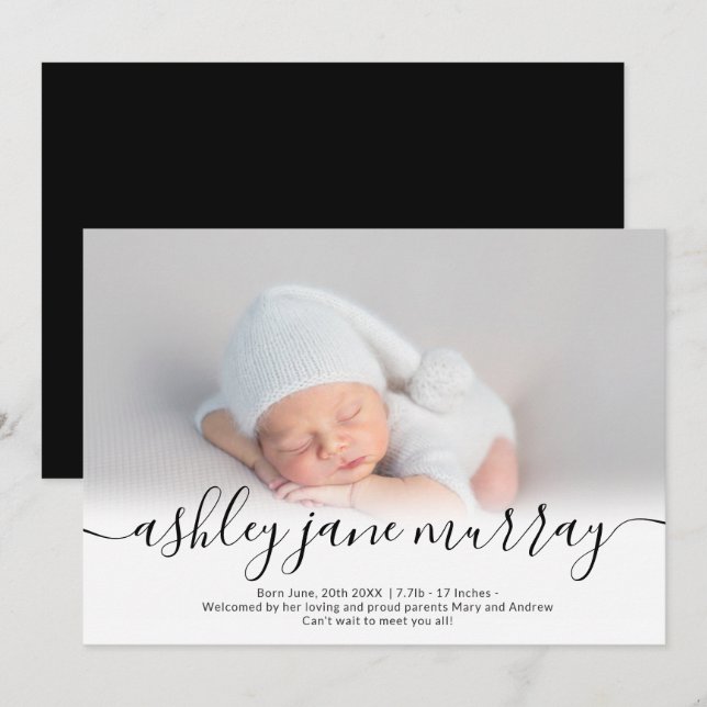 Faire-part Nom script coeur photo noir neutre bébé naissance (Devant / Derrière)