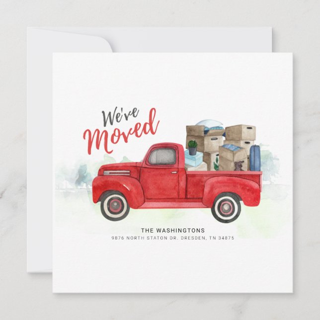Faire-part Nous Avons Déménagé Aquarelle Rouge Camion Déménag (Devant)