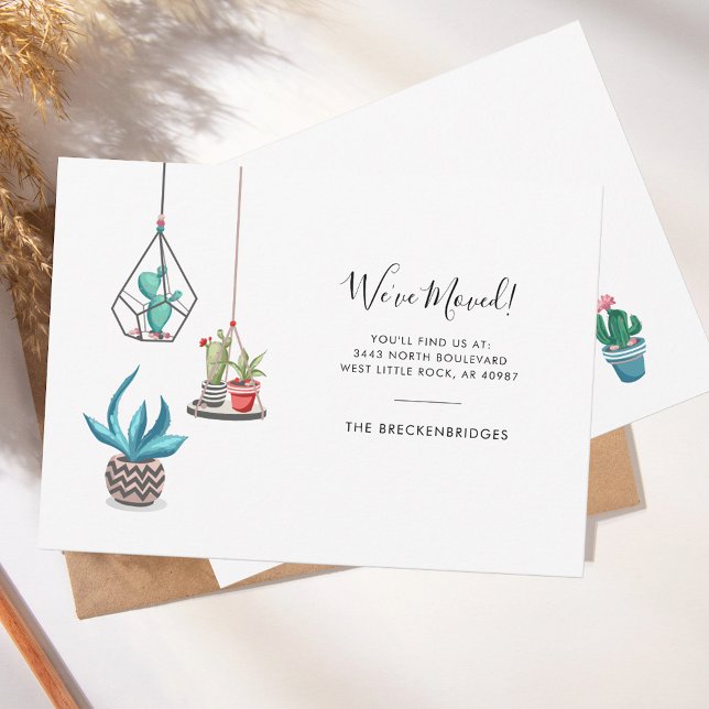 Faire-part Nous avons déménagé Boho Chic Moving (Change of Address New Roots Moving Announcement Boho Potted Cacti Plants)