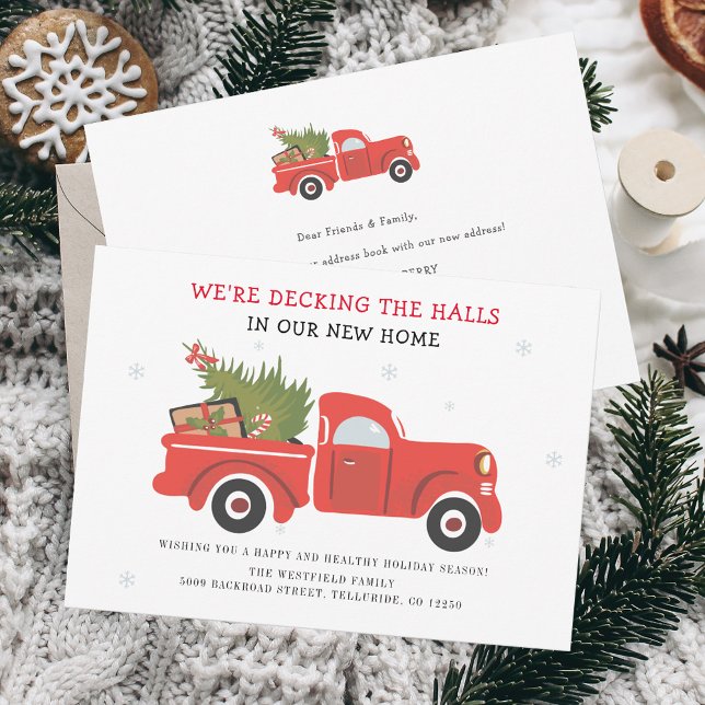 Faire-part Nous avons déménagé les fêtes de Noël Déménager Fa (Christmas Holidays Decking the Halls Red Truck Moving Announcement)