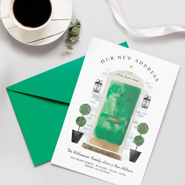 Faire-part Nous avons déménagé - Nouvelle adresse Porte Aquar (We've Moved - New Address Green Watercolor Door Announcement)