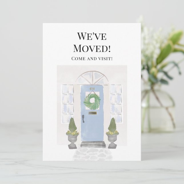 Faire-part Nous avons déménagé Nouvelle Maison Aquarelle Bleu (Debout devant)