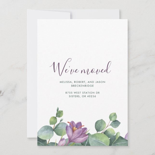 Faire-part Nous avons déménagé Vert Violet Floral Nouvelle Ma (Devant)