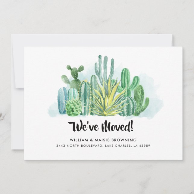 Faire-part Nous avons déplacé Aquarelle Cactus Script Moving (Devant)