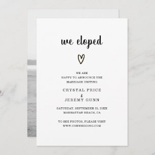 Faire-part Nous avons Elopé Black and White Heart Photo Elope