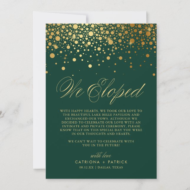 Faire-part Nous Avons Elopé Faux Gold Foil Confetti Green Mar (Devant)