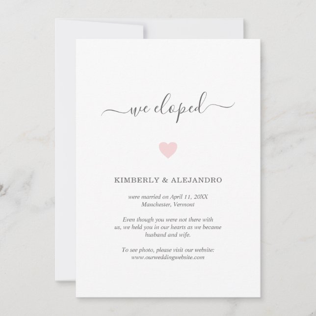 Faire-part Nous Avons Elopé Un Mariage De Coeur Rose Cute (Devant)