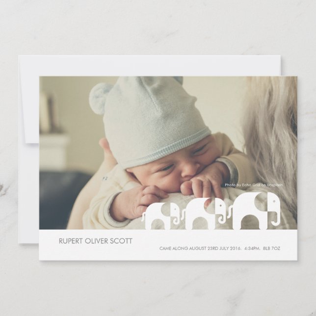 Faire-part Nouveau bébé le long est venu Elephant Annonce car (Devant)