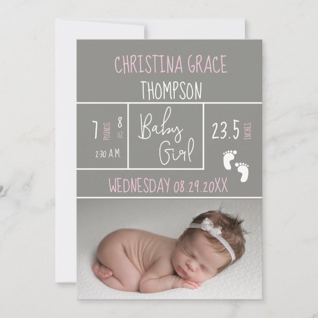 Faire-part Nouveaux statistiques de naissance rose bébé fille (Devant)