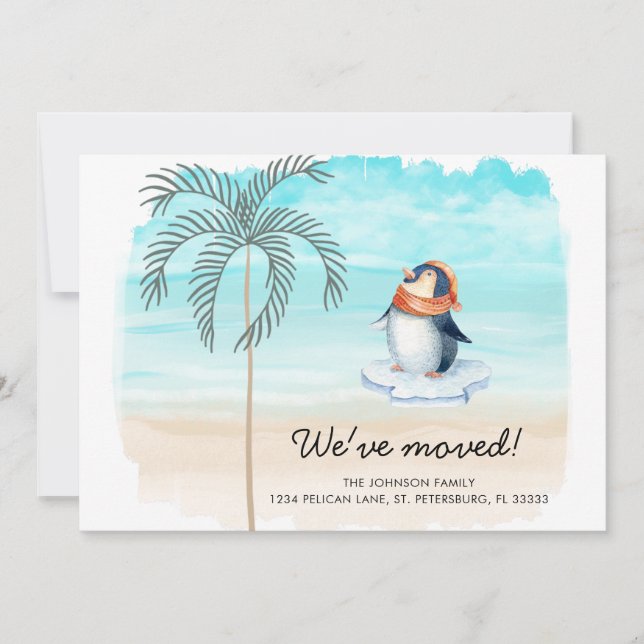 Faire-part Nouvelle Adresse Cute Penguin Floride Plage Amusan (Devant)