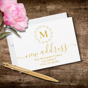 Faire-part Nouvelle Adresse Monogramme Botanique Or