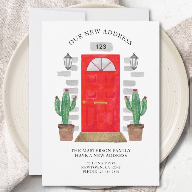 Faire-part Nouvelle adresse Porte rouge Aquarelle Cactus (Créateur téléchargé)