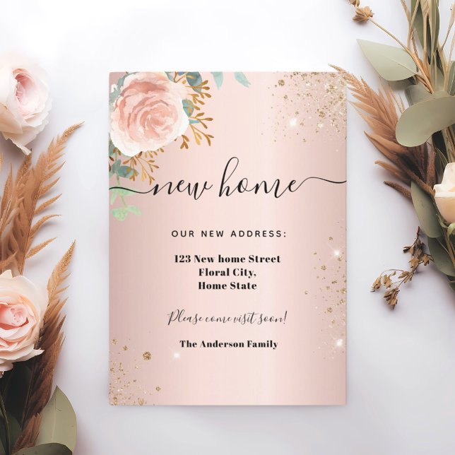 Faire-part Nouvelle adresse rose or floral eucalyptus (Créateur téléchargé)