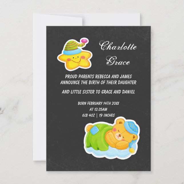 Faire-part Nouvelle Étoile De Bébé Et Ours En Tête Dormant (Devant)