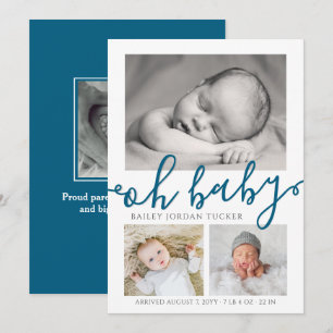 Faire-part Oh Bébé Collage Photo Naissance Bleu Marine Script